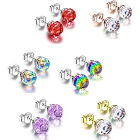 6 Pairs Colorful Crystal 6mm Rainbow Mirror Disco Ball CZ Stud Earrings Set Hypoallergenic for Women Anniversary Birthday Gift 60's or 70's Jewelry