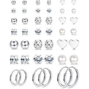 JeryWe 21Pairs Stainless Steel Stud Earrings for Women Cartilage Trague Stud Huggie Hoop Earrings Hypoallergenic CZ Earrings Studs Pearl Silver Star Round Ball Stud Earrings Set