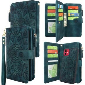 Harryshell Detachable Magnetic Zipper Wallet Leather Case Cash Pocket with Card Slots Holder Wrist Strap for iPhone 11 6.1 inch 2019 Floral Flower (Blue Green)