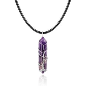 3 Cultured Freswhater Pearls Y Shaped Necklace Boho Tree of Life Platinum Wire Wrapped Natural Amethyst Pendant Necklace on Genuine Leather Cord for Women