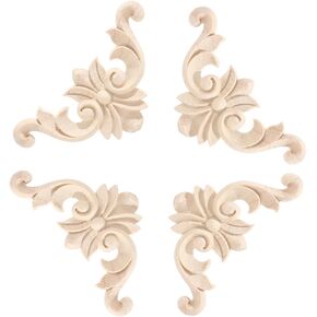 4PCS Corner Wooden Carving Decal Unpainted Wood Appliques Onlays DIY Wood Carved Furniture Appliques Onlays for Wall Bed Door Wardrobe Cabinet Furniture Decoration(04,15x15cm/5.91x5.91inch)