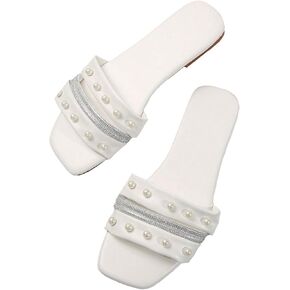 GORGLITTER Women's Pearl Sandals Rhinestone Strappy Square Open Toe Slip on Flat Sandals Dressy