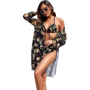 One Piece Swimsuit with Kimono Cover Ups Floral Sexy Bathing Suit Beach Kaftan Tummy Control High Cut Bikini Set