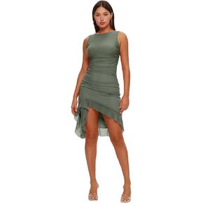 المرأة كشكش هيم مثير Ruched Bodycon الصيف شبكة تانك فستان حفلة كلوبوير