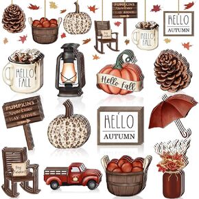 36 Pcs Fall Wood Ornaments Thanksgiving Decor for Tree Hello Fall Harvest Hanging Ornament Vintage Autumn Pumpkin Gnome Leaf Truck Wood Cutouts with Rope for Home Christmas Tree Holiday (Thanksgiving)