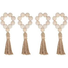 Napkin Rings Set of 12, Handmade Farmhouse Wood Beaded Garland Napkin Ring with Rope Tassel Prayer Beads Tabletop Decor for Dinning Table, Party, Wedding, Family Gatherings (Wooden)