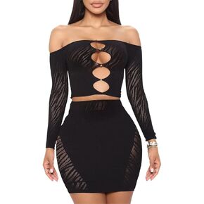 Skirt Sets Women 2 Piece Outfits Sexy Mesh See Through Hollow Out Off Shoulder Patchwork Matching Sets For Women Club