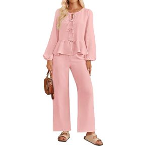 ZESICA Women's Two Piece Outfits Set 2024 Long Sleeve Tie Front Top and Wide Leg Pants Casual Loungewear Pajama Sets