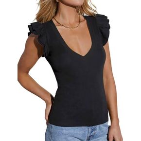 INFITTY Women's Sexy V Neck T Shirts Ruffle Short Sleeve Tops Slim Fit Rib Knit Summer Casual Blouse
