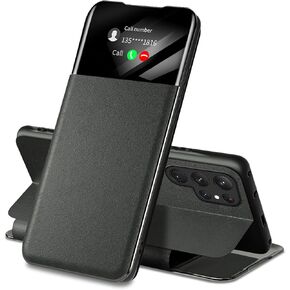 Migexxkj for Samsung Galaxy S23 Ultra Case Clear View S23 Ultra Case with Card Slot Kickstand Leather Flip Hard PC Shockproof Protective Phone Case Cover for Samsung Galaxy S23 Ultra 5G (Black)