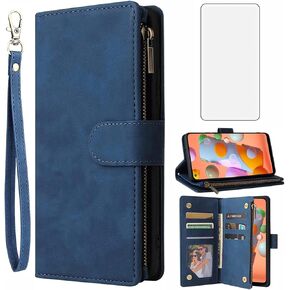 Asuwish Compatible with Samsung Galaxy A11 Wallet Case Tempered Glass Screen Protector and Leather Flip Cover Card Holder Stand Cell Accessories Phone Cases for Glaxay A 11 Gaxaly 11A Women Men Blue