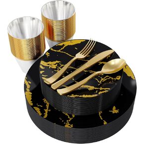 JOLLY PARTY 180PCS Disposable Dinnerware Set 30 Guest, 60 Black and Gold Plastic Plates, 30 Plastic Silverware, 30 Plastic Cups, Marble Design Plastic Dinnerware for Halloween, Wedding and Parties