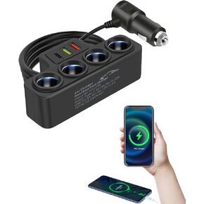 Multi-function Cigarette Lighter Splitter, Cell Phone Charger, Car Charger, 4 Cigarette Lighter Sockets, 1 PD Fast Charger Port 2-Port USB Power Adapter for Cell Phones, Tablets and Laptops