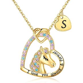 Hidepoo Horse Gifts for Girls - 16K Gold Plated Colorful CZ Heart Pendant Horse Necklaces for Girls Jewelry Christmas Gifts Birthday Gifts Initial Horse Toys Necklace Gifts for Girls Teen Girls Women