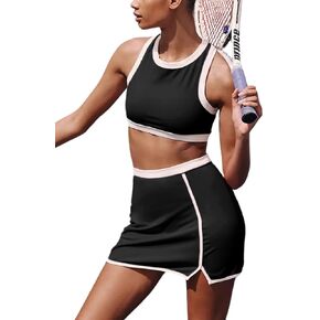 Women 2 Piece Tennis Skirt Set Cutout Crop Top Athletic Golf Skorts Skirts Activewear Matching Outfits