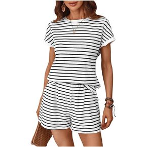 SweatyRocks Women's 2 Piece Outfits Striped Short Sleeve Tee Top and Shorts Tracksuit Sets