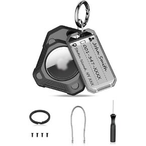 PROfezzion 4 Pack 2-in-1 Secure AirTag Holder Hard Shell Case with Key Rings, Key Tag, Metal Wire Cable, Allen Wrench and Spare Screws for Keychain, Dog Collar, Luggage Bag, Backpack & More - Black