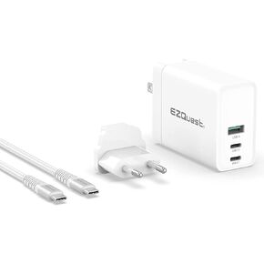 شاحن EZQuest USB C بقوة 120 واط - 2X USB-C، 1X منفذ USB-A، مع كابل شاحن USB C بطول 2 متر، كتلة شحن سريعة أو شاحن GAN - محول الاتحاد الأوروبي متوافق مع أجهزة MacBook Pro وiPad Pro وأجهزة أخرى من النوع C