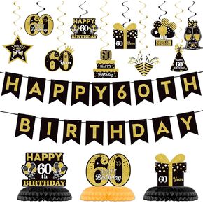 40th Glitter Black Gold Birthday Banner Party Decorations, Happy 40th Birthday Decorations Hanging Swirls Banner Honeycomb Centerpieces for Men Women Happy 40 Years Old Bday Party