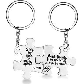 4 Pcs Best Friends Friendship BFF Necklaces Keychain Set Puzzle Matching Heart Key Stainless Steel Pendant Relationship Long Distance for Women Teen Girls Best Friends
