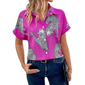 WDIRARA Women's Leopard Print Button Down Blouse Short Sleeve Collared Casual Shirt Top