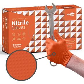 WECARE 8 Mil Nitrile Gloves - Heavy Duty Mechanic Gloves, with Diamond Grip - Powder and Latex Free Disposable Gloves