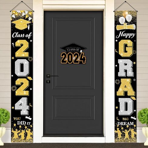 2024 Graduation Party Decorations Banner Black Gold Graduation Door Banner Class of 2024 Happy Grad Porch Hanging Banner Sign for 2024 Graduation Indoor Outdoor Door Wall Yard Decor in Saudi Arabia