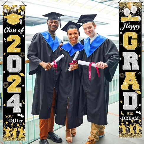 2024 Graduation Party Decorations Banner Black Gold Graduation Door Banner Class of 2024 Happy Grad Porch Hanging Banner Sign for 2024 Graduation Indoor Outdoor Door Wall Yard Decor in Saudi Arabia