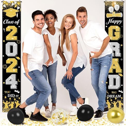 2024 Graduation Party Decorations Banner Black Gold Graduation Door Banner Class of 2024 Happy Grad Porch Hanging Banner Sign for 2024 Graduation Indoor Outdoor Door Wall Yard Decor in Saudi Arabia