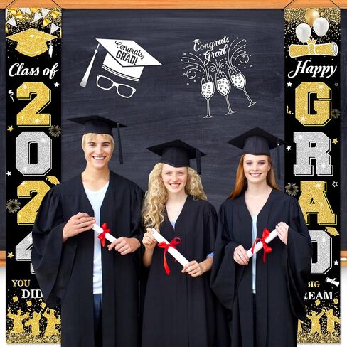 2024 Graduation Party Decorations Banner Black Gold Graduation Door Banner Class of 2024 Happy Grad Porch Hanging Banner Sign for 2024 Graduation Indoor Outdoor Door Wall Yard Decor in Saudi Arabia