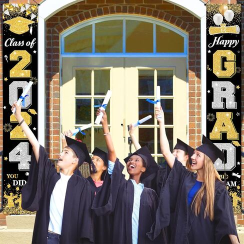 2024 Graduation Party Decorations Banner Black Gold Graduation Door Banner Class of 2024 Happy Grad Porch Hanging Banner Sign for 2024 Graduation Indoor Outdoor Door Wall Yard Decor in Saudi Arabia