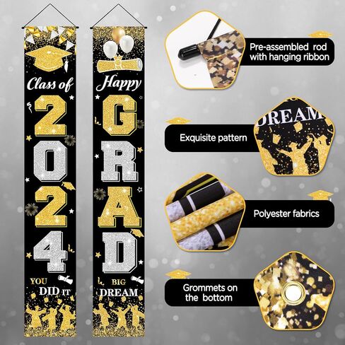 2024 Graduation Party Decorations Banner Black Gold Graduation Door Banner Class of 2024 Happy Grad Porch Hanging Banner Sign for 2024 Graduation Indoor Outdoor Door Wall Yard Decor in Saudi Arabia