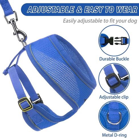 مجموعة حزام ومقود للكلاب الشبكية الناعمة من PUPTECK للكلاب الصغيرة والمتوسطة، سترة مبطنة عاكسة وقابلة للتعديل، حزام مانع للسحب والهروب، أزرق M in Kuwait