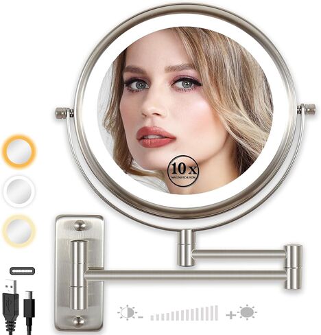 Type-C Rechargeable Wall Mounted Makeup Mirror with Lights & Extendable Arm, 1X/10X Wall Magnifying Mirror with 3 Light Modes, 360° Swivel Dimmable Lighted Vanity Cosmetic Mirror,8Inch,Black in Saudi Arabia