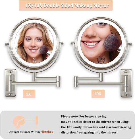 Type-C Rechargeable Wall Mounted Makeup Mirror with Lights & Extendable Arm, 1X/10X Wall Magnifying Mirror with 3 Light Modes, 360° Swivel Dimmable Lighted Vanity Cosmetic Mirror,8Inch,Black in Saudi Arabia
