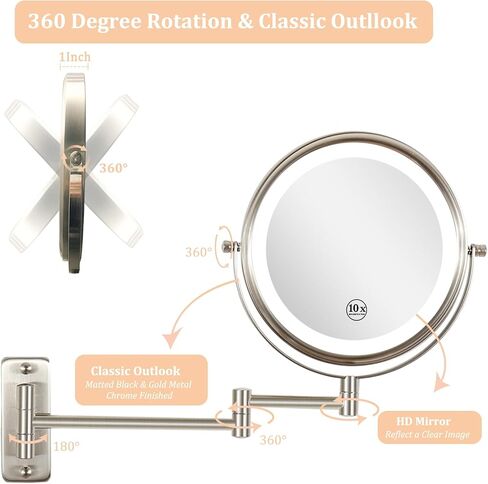 Type-C Rechargeable Wall Mounted Makeup Mirror with Lights & Extendable Arm, 1X/10X Wall Magnifying Mirror with 3 Light Modes, 360° Swivel Dimmable Lighted Vanity Cosmetic Mirror,8Inch,Black in Saudi Arabia