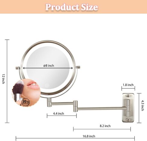 Type-C Rechargeable Wall Mounted Makeup Mirror with Lights & Extendable Arm, 1X/10X Wall Magnifying Mirror with 3 Light Modes, 360° Swivel Dimmable Lighted Vanity Cosmetic Mirror,8Inch,Black in Saudi Arabia
