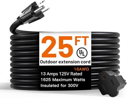 سلك تمديد خارجي بطول 25 قدم من Addlon مقاوم للماء باللون الأسود العميق 16 AWG 3 شوكات، أسلاك طويلة مرنة مثالية للاستخدام في المنزل أو المكتب، مدرج في قائمة UL in Kuwait