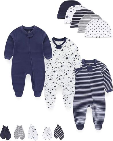 MAMIMAKA Baby Boy Girls Clothes 2-Way Zip Footed Long Sleeve 100% Cotton,Newborn Caps and Scratch Mittens Set 0-6 Months in Saudi Arabia