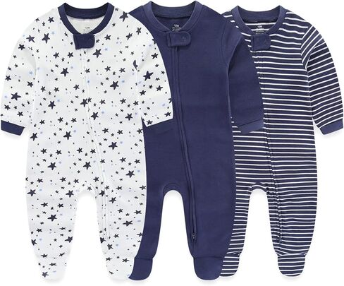 MAMIMAKA Baby Boy Girls Clothes 2-Way Zip Footed Long Sleeve 100% Cotton,Newborn Caps and Scratch Mittens Set 0-6 Months in Saudi Arabia