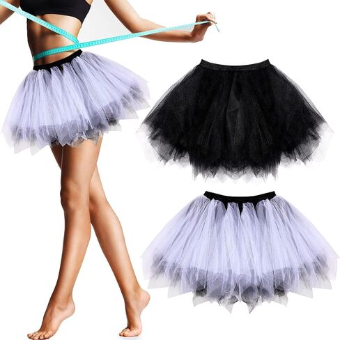 2 Pieces Halloween Tutu Skirt Vintage Short Tulle Tutu Skirt Layered Tulle Petticoat Ballet Bubble Skirt Mesh Layered Dress Dance Skirts for Women Girls 1950s Cosplay Party Costume White and Black in Saudi Arabia