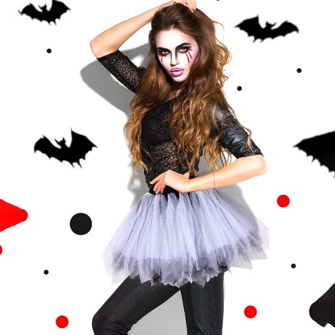 2 Pieces Halloween Tutu Skirt Vintage Short Tulle Tutu Skirt Layered Tulle Petticoat Ballet Bubble Skirt Mesh Layered Dress Dance Skirts for Women Girls 1950s Cosplay Party Costume White and Black in Saudi Arabia