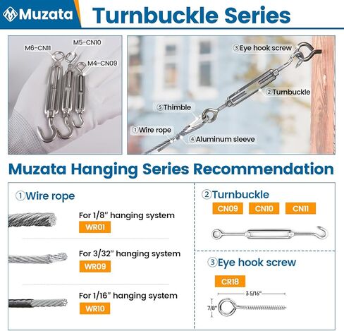 Muzata 5pack M4 هوك وعين شد الحبل لكابل سلك حبل التوتر الثقيلة T304 الفولاذ المقاوم للصدأ لسلسلة ضوء DIY صورة معلقة سلك التوتر عدة CN09 in Kuwait