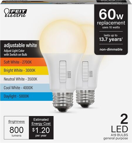 لمبة إضاءة LED A19 كهربائية من Feit، ما يعادل 100 وات، غير قابلة للتعتيم، 5CCT، قاعدة متوسطة E26، 90 CRI، 1500 لومن، لمبة إضاءة قياسية مع مفتاح تشغيل لمبة، عمر 13 عامًا، OM100/5CCT/15KLED/2، عبوتان in Kuwait