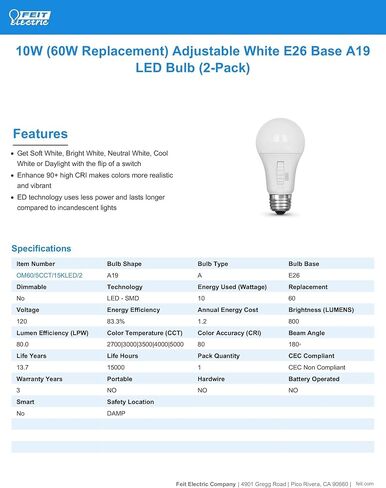 لمبة إضاءة LED A19 كهربائية من Feit، ما يعادل 100 وات، غير قابلة للتعتيم، 5CCT، قاعدة متوسطة E26، 90 CRI، 1500 لومن، لمبة إضاءة قياسية مع مفتاح تشغيل لمبة، عمر 13 عامًا، OM100/5CCT/15KLED/2، عبوتان in Kuwait