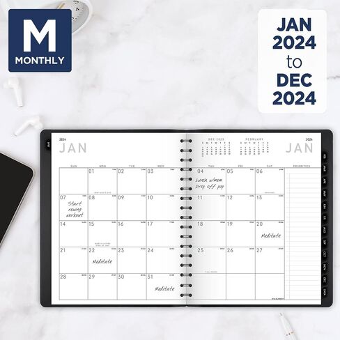 AT-A-GLANCE 2024 Monthly Planner, 7" x 8-3/4", Medium, Monthly Tabs, Faux Leather, Contemporary Lite, Black (70545X0524) in Saudi Arabia
