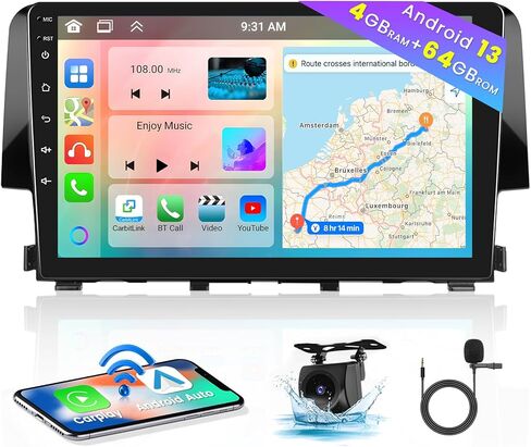 Hikity for Honda Civic 2016-2020 Android Car Stereo 2+64GB 9 Inch Touchscreen Car Radio Wireless Carplay Android Auto Support GPS Navigation WiFi Bluetooth FM EQ Backup Camera in Saudi Arabia