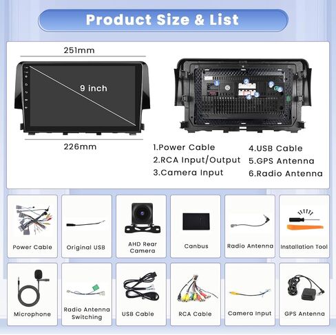 Hikity for Honda Civic 2016-2020 Android Car Stereo 2+64GB 9 Inch Touchscreen Car Radio Wireless Carplay Android Auto Support GPS Navigation WiFi Bluetooth FM EQ Backup Camera in Saudi Arabia