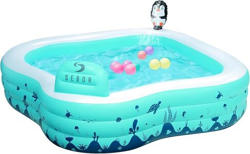 حمام سباحة قابل للنفخ، حمام سباحة للأطفال مع رشاش، 97 بوصة × 90 بوصة × 20 بوصة، حمامات سباحة عائلية كاملة الحجم، فوق حمام السباحة في الفناء الخلفي الأرضي مع مقعد، مركز مياه صيفي لعمر 3 سنوات فما فوق (أزرق) in Kuwait