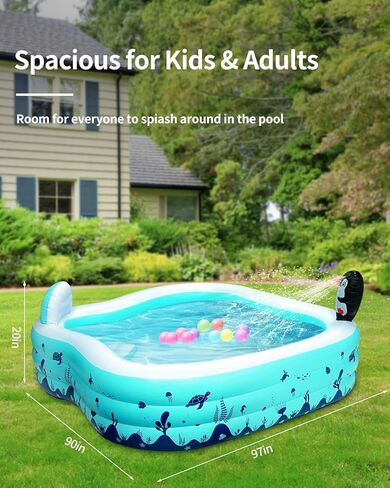حمام سباحة قابل للنفخ، حمام سباحة للأطفال مع رشاش، 97 بوصة × 90 بوصة × 20 بوصة، حمامات سباحة عائلية كاملة الحجم، فوق حمام السباحة في الفناء الخلفي الأرضي مع مقعد، مركز مياه صيفي لعمر 3 سنوات فما فوق (أزرق) in Kuwait